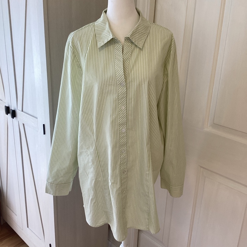 Chico's Green white silver Striped Blouse